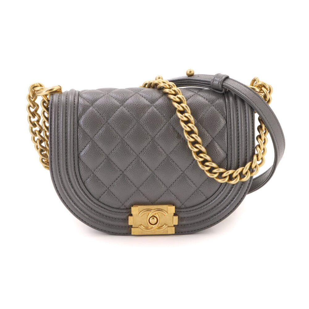Chanel Boy Small Chain Shoulder Handbag, Caviar Leather, Gray, AS3350, Gold H...